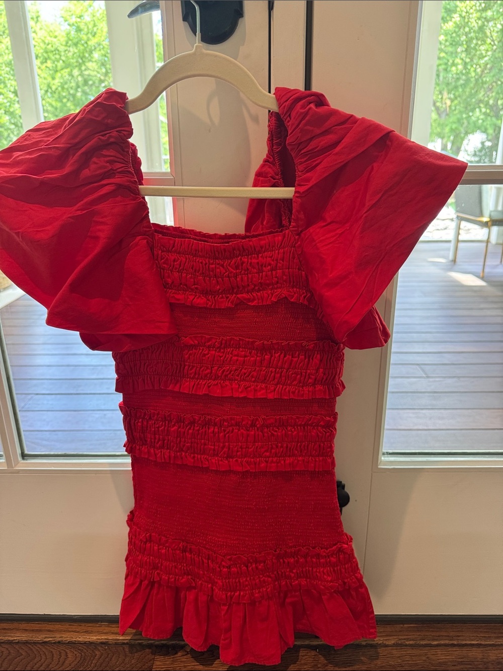 Girls Red Smocked Casual Dress with Puff Sleeves -